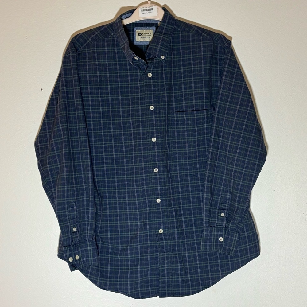 Haggar Men’s Plaid Stretch Button Down Shirt Navy Green Large L